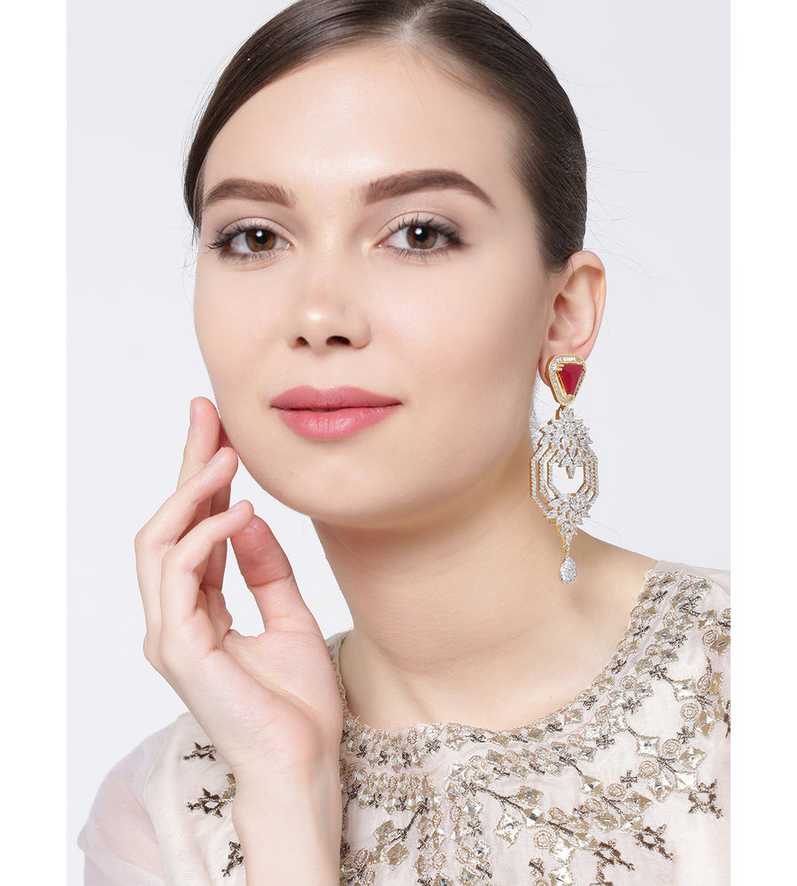 YouBella Red Gold-Plated Stone-Studded Cut-Out Drop Earrings